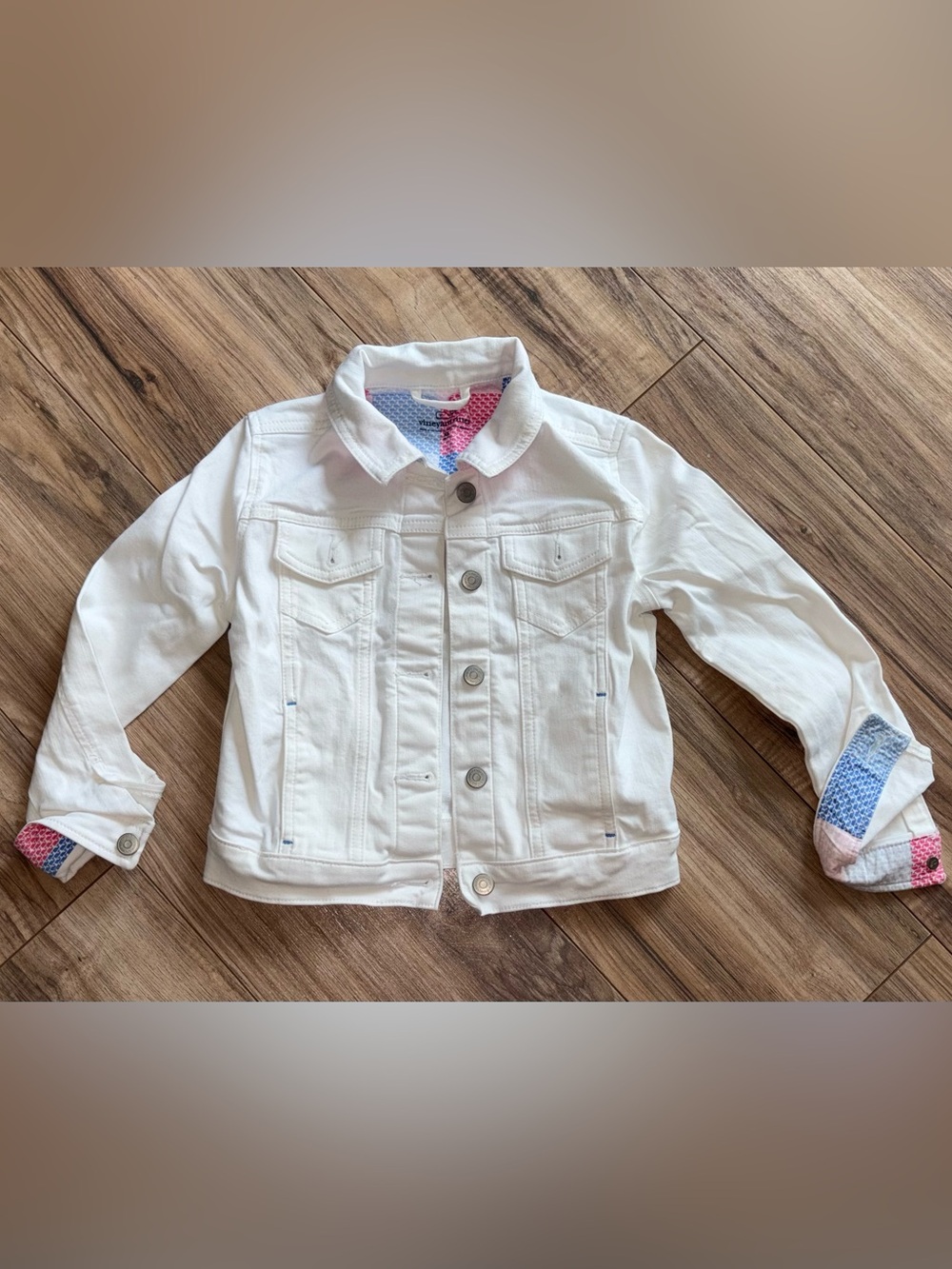 Girls Vineyard Vines White Denim Jacket with Pink & Blue Trim